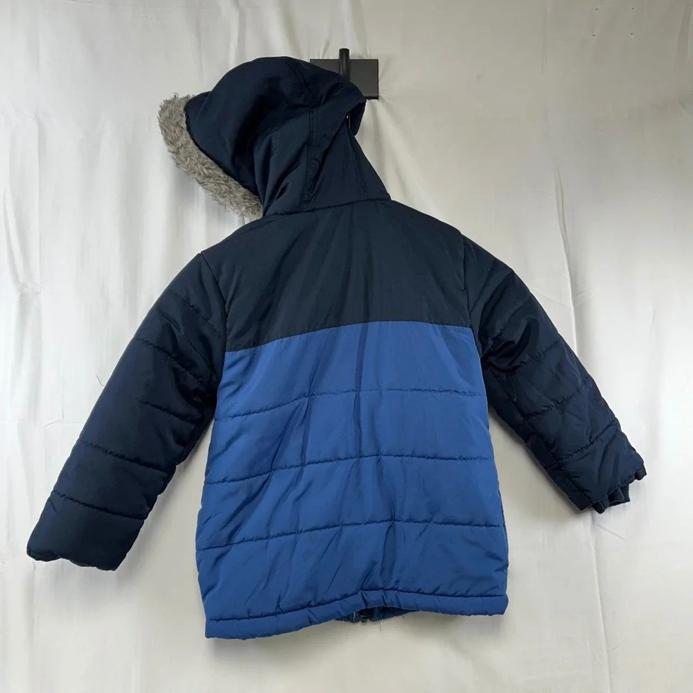 OshKosh Bgosh Puffer Jacket Kids M 5-6 Blue Colorblock Faux Fur Hood